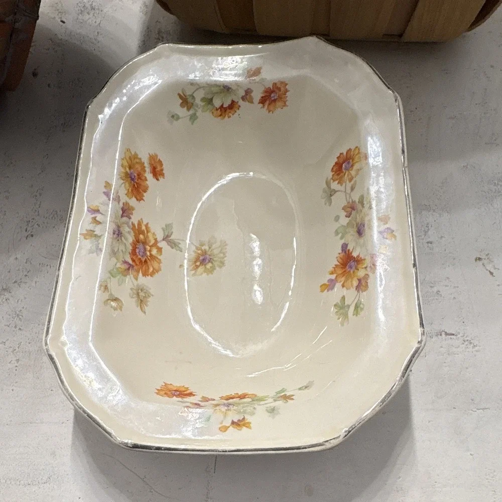 T & S Floral Octagonal Ceramic Serving Bowl, Cream Orange Purple Green Glossy